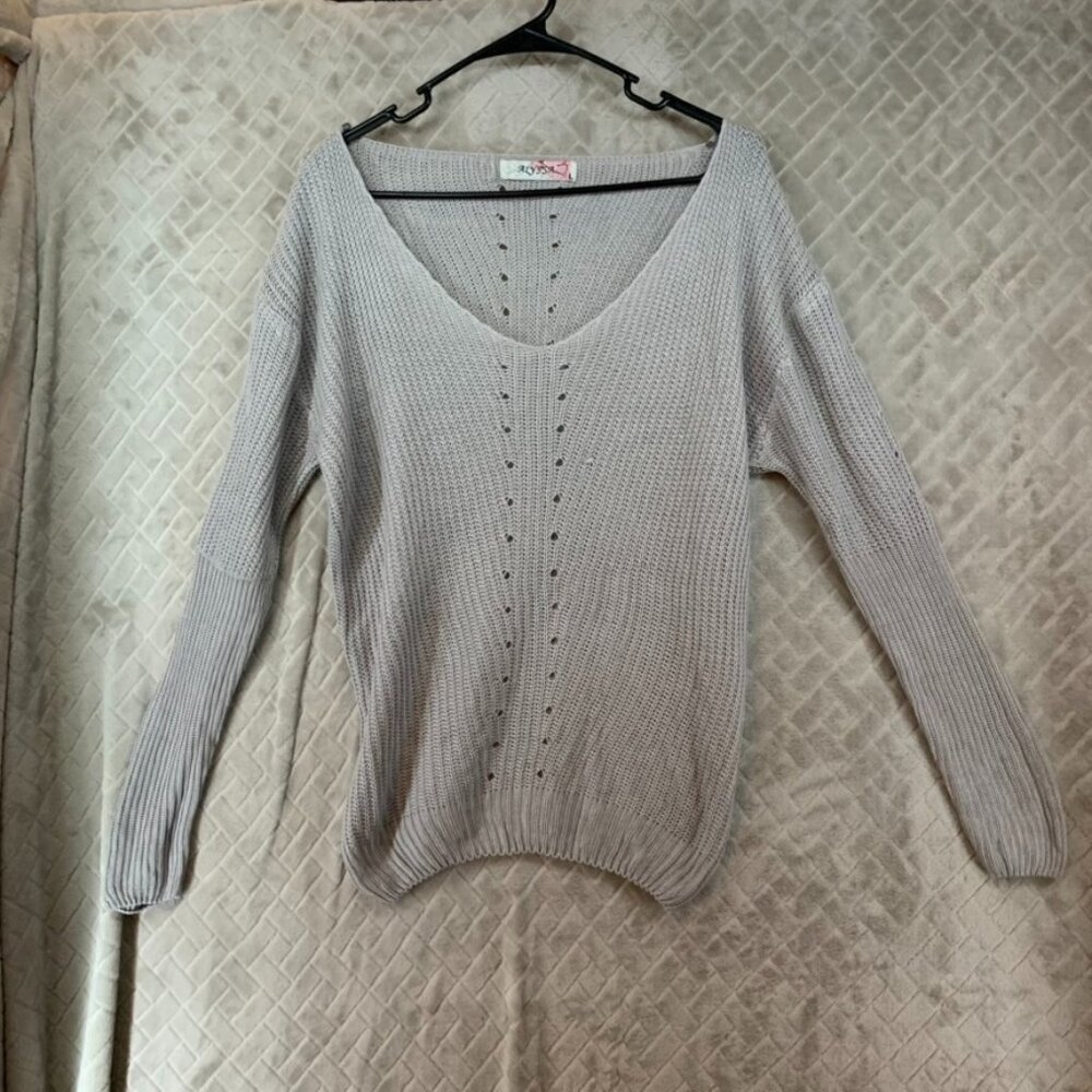 Alyssa Womens L Sweater Light Taupe Gray Chunky Knit Deep V Neck